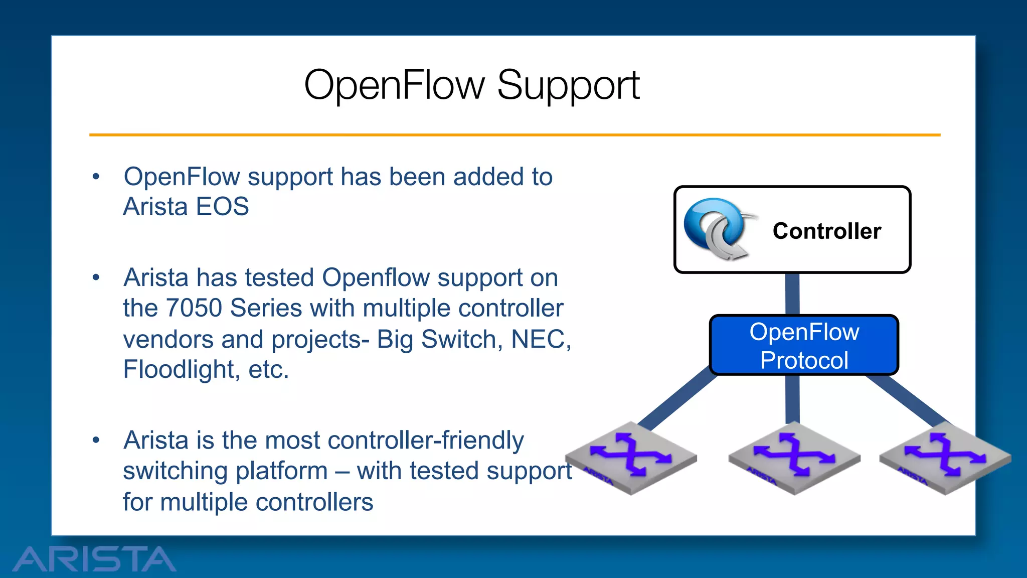 OpenFlow Support
•  OpenFlow support has been added to
Arista EOS
•  Arista has tested Openflow support on
the 7050 Series with multiple controller
vendors and projects- Big Switch, NEC,
Floodlight, etc.
•  Arista is the most controller-friendly
switching platform – with tested support
for multiple controllers

Controller

OpenFlow
Protocol

 