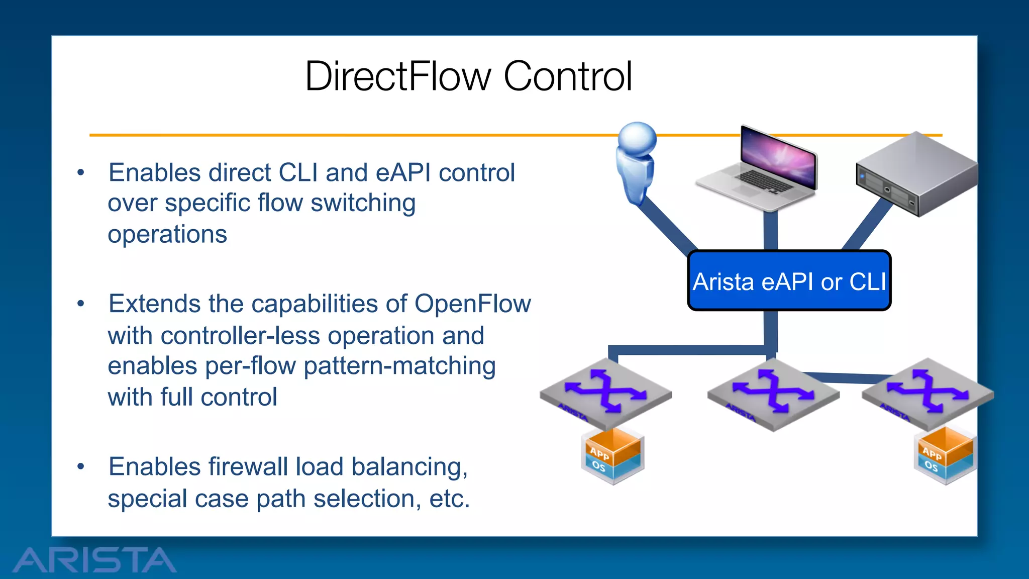 DirectFlow Control
•  Enables direct CLI and eAPI control
over specific flow switching
operations
•  Extends the capabilities of OpenFlow
with controller-less operation and
enables per-flow pattern-matching
with full control
•  Enables firewall load balancing,
special case path selection, etc.

Arista eAPI or CLI

 