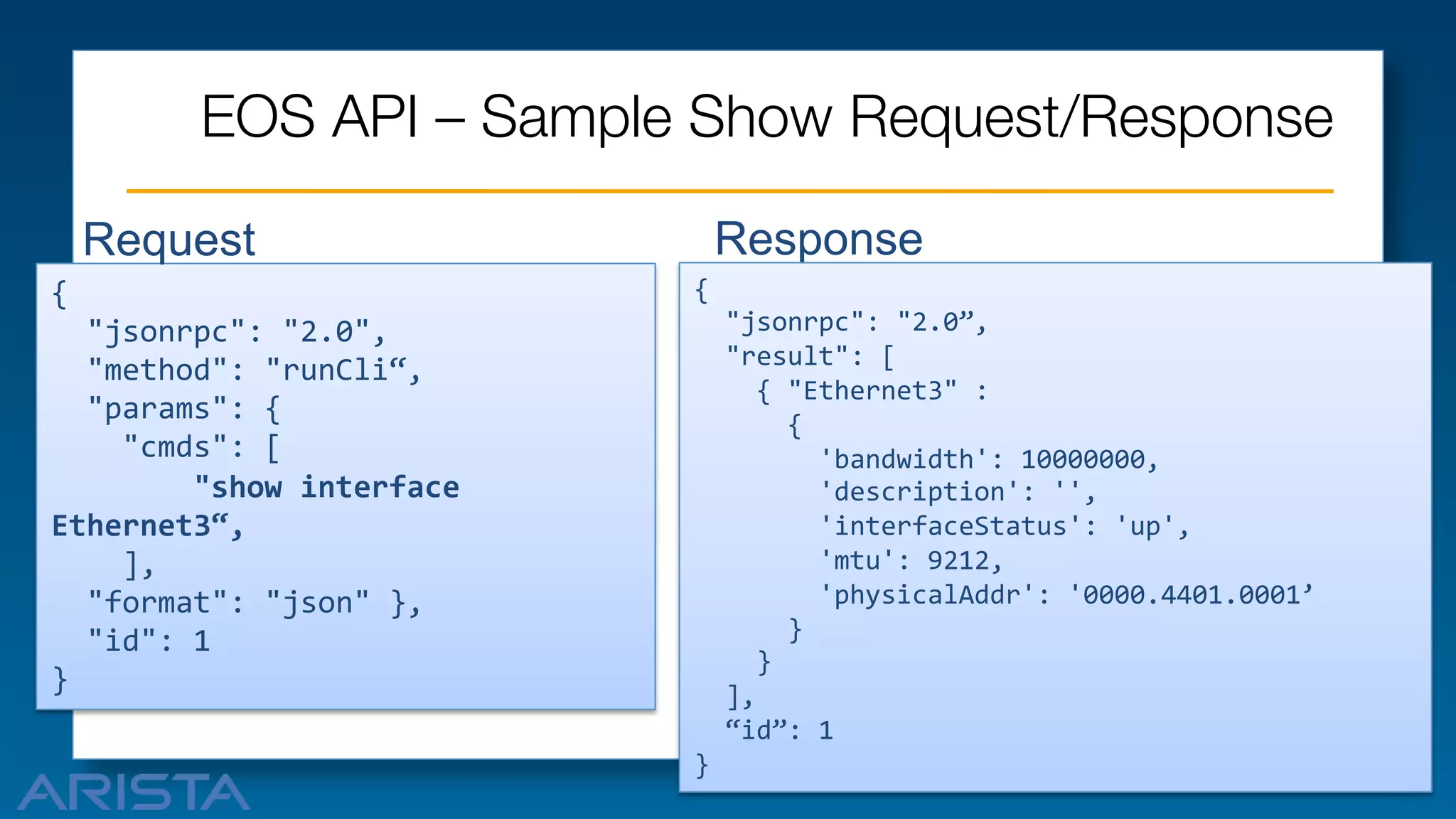 EOS API – Sample Show Request/Response
Request
{""
"""jsonrpc":""2.0","
"""method":""runCli“,"
"""params":"{""
"""""cmds":"["
"""""""""show&interface&
Ethernet3“,&
""""],""
"""format":""json""},""
"""id":"1""
}"

Response
{"
"""jsonrpc":""2.0”,"
"""result":"["
""""{""Ethernet3"":"
""""""{"
""""""""'bandwidth':"10000000,""
""""""""'description':"'',"
""""""""'interfaceStatus':"'up',"
""""""""'mtu':"9212,"
""""""""'physicalAddr':"'0000.4401.0001’"
""""""}"
""""}"
""],"
""“id”:"1"
}"

 