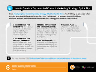 How to Create a Documented Content Marketing Strategy: Quick Tips8
TACTIC
CONTENT MARKETING STRATEGY TACTICS
Track 5 of 9
...