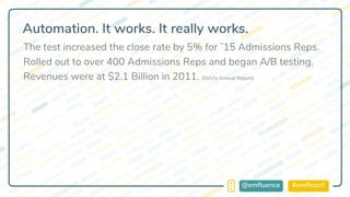 #emflconf@emfluence
Automation. It works. It really works.
The test increased the close rate by 5% for ˜15 Admissions Reps.
Rolled out to over 400 Admissions Reps and began A/B testing.
Revenues were at $2.1 Billion in 2011. (DeVry Annual Report)
 