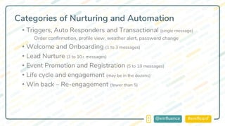 #emflconf@emfluence
Categories of Nurturing and Automation
• Triggers, Auto Responders and Transactional (single message)
Order confirmation, profile view, weather alert, password change
• Welcome and Onboarding (1 to 3 messages)
• Lead Nurture (3 to 10+ messages)
• Event Promotion and Registration (5 to 10 messages)
• Life cycle and engagement (may be in the dozens)
• Win back – Re-engagement (fewer than 5)
 