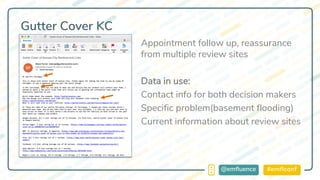 #emflconf@emfluence
Gutter Cover KC
Appointment follow up, reassurance
from multiple review sites
Data in use:
Contact info for both decision makers
Specific problem(basement flooding)
Current information about review sites
 