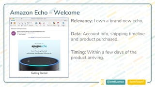 #emflconf@emfluence
Amazon Echo – Welcome
Relevancy: I own a brand new echo.
Data: Account info, shipping timeline
and product purchased.
Timing: Within a few days of the
product arriving.
 