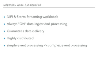 NIFI/STORM WORKLOAD BEHAVIOR
▸ NiFi & Storm Streaming workloads
▸ Always “ON” data ingest and processing
▸ Guarantees data delivery
▸ Highly distributed
▸ simple event processing -> complex event processing
 