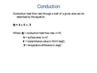 Conduction
Conduction heat flow rate through a wall of a given area can be
described by theequation:
Qc= A x U x ∆T
Where, Qc= conduction heat flow rate, in W,
A = surfacearea, in m²,
U = transmittancevaluein W/m² degC,
∆T= temperaturedifferencein degC
 