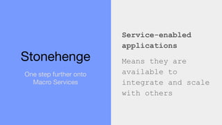 Service-enabled
applications
Means they are
available to
integrate and scale
with others
Stonehenge
One step further onto
...
