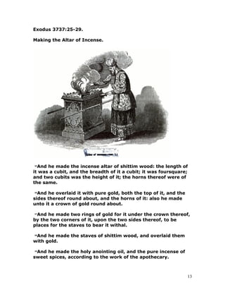 Exodus 3737:25-29.
Making the Altar of Incense.
25
And he made the incense altar of shittim wood: the length of
it was a cubit, and the breadth of it a cubit; it was foursquare;
and two cubits was the height of it; the horns thereof were of
the same.
26
And he overlaid it with pure gold, both the top of it, and the
sides thereof round about, and the horns of it: also he made
unto it a crown of gold round about.
27
And he made two rings of gold for it under the crown thereof,
by the two corners of it, upon the two sides thereof, to be
places for the staves to bear it withal.
28
And he made the staves of shittim wood, and overlaid them
with gold.
29
And he made the holy anointing oil, and the pure incense of
sweet spices, according to the work of the apothecary.
13
 