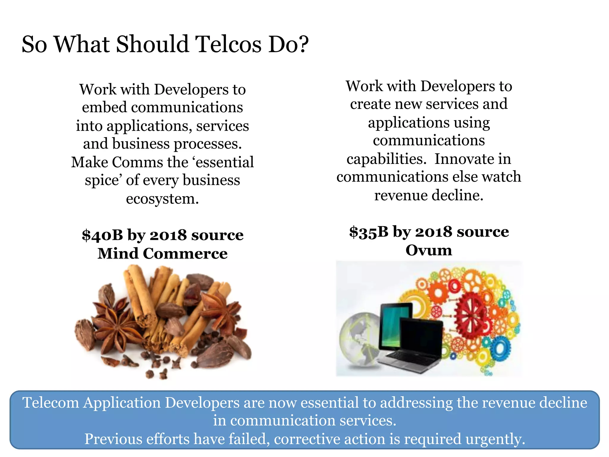 Work with Developers to 
embed communications 
into applications, services 
and business processes. 
Make Comms the ‘essential 
spice’ of every business 
ecosystem. 
$40B by 2018 source 
Mind Commerce 
Work with Developers to 
create new services and 
applications using 
communications 
capabilities. Innovate in 
communications else watch 
revenue decline. 
$35B by 2018 source 
Ovum 
So What Should Telcos Do? 
Telecom Application Developers are now essential to addressing the revenue decline 
in communication services. 
Previous efforts have failed, corrective action is required urgently. 
 