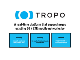A real-time platform that supercharges" 
existing 3G / LTE mobile networks by 
Enhancing 
live phone calls & 
text conversations 
Extending 
the reach of mobile networks 
onto the web 
Exposing 
network assets via " 
web-friendly APIs 
 