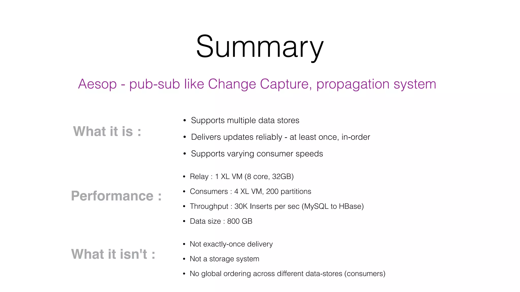 Summary Aesop - pub-sub like Change Capture, propagation system Performance : • Relay : 1 XL VM (8 core, 32GB) • Consumers : 4 XL VM, 200 partitions • Throughput : 30K Inserts per sec (MySQL to HBase) • Data size : 800 GB • Not exactly-once delivery • Not a storage system • No global ordering across different data-stores (consumers) What it isn't : What it is : • Supports multiple data stores • Delivers updates reliably - at least once, in-order • Supports varying consumer speeds 