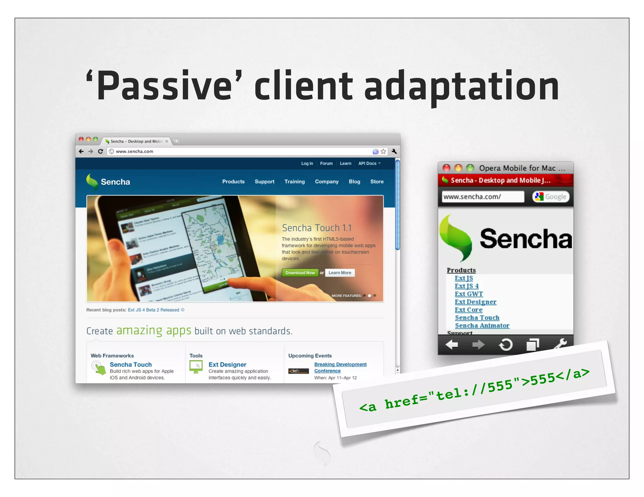 ‘Passive’ client adaptation




                                              55   </a>
                                   :// 555">5
                        ="   tel
               < a href
 