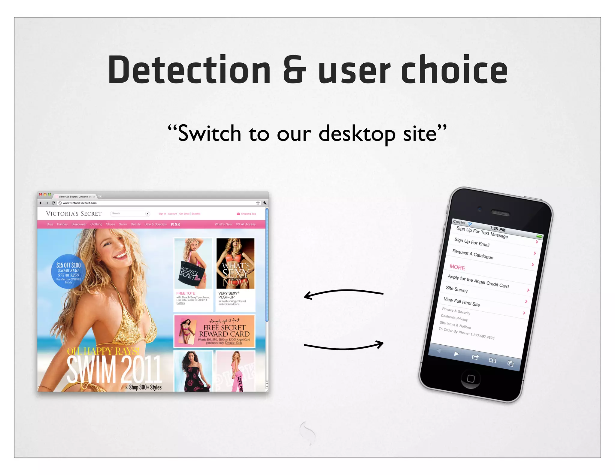 Detection & user choice
   “Switch to our desktop site”
 