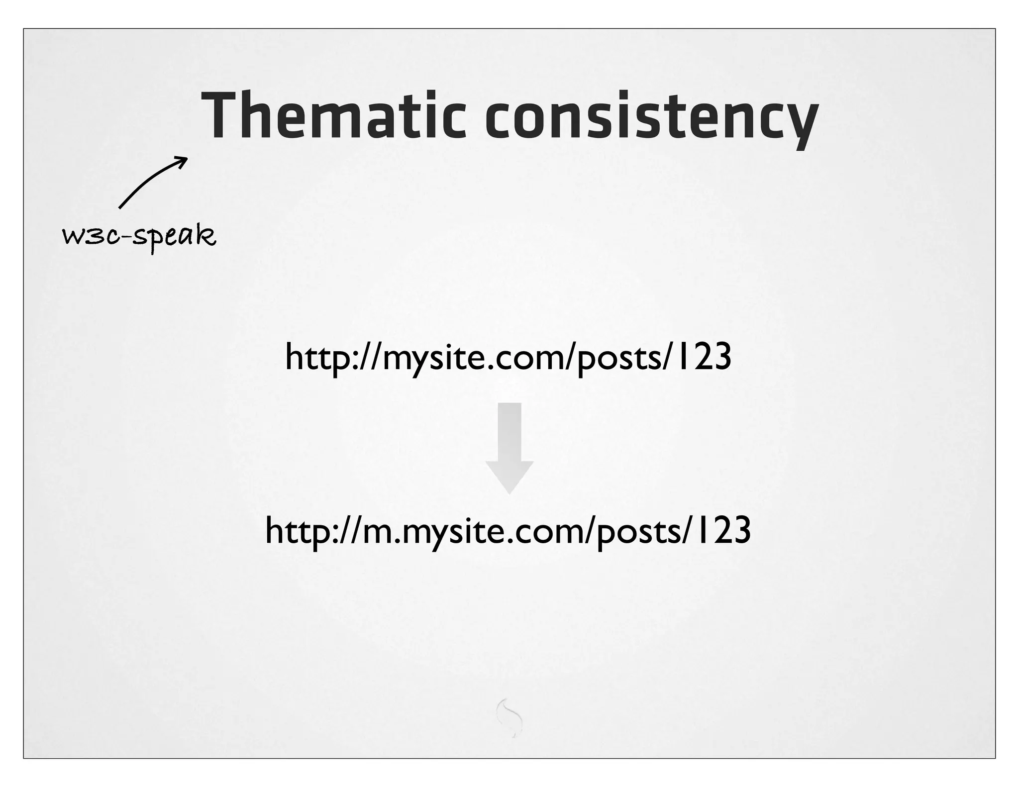 Thematic consistency
w3c-speak


             http://mysite.com/posts/123



            http://m.mysite.com/posts/123
 