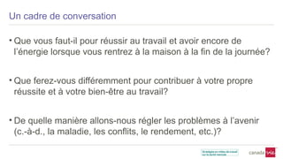 Un cadre de conversation
• Que vous faut-il pour réussir au travail et avoir encore de
l’énergie lorsque vous rentrez à la maison à la fin de la journée?
• Que ferez-vous différemment pour contribuer à votre propre
réussite et à votre bien-être au travail?
• De quelle manière allons-nous régler les problèmes à l’avenir
(c.-à-d., la maladie, les conflits, le rendement, etc.)?
 