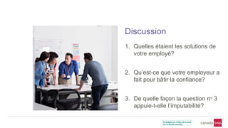 Discussion
1. Quelles étaient les solutions de
votre employé?
2. Qu’est-ce que votre employeur a
fait pour bâtir la confiance?
3. De quelle façon la question no
3
appuie-t-elle l’imputabilité?
 