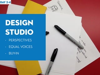 • PERSPECTIVES
• EQUAL VOICES
• BUY-IN
DESIGN
STUDIO
DAY 2-4
 