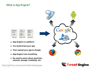 What is App Engine?




     App Engine is a platform

     You build & test your app

     Then upload your app to Google

     App Engine runs everything

     No need to worry about machines,
     network, storage, scalability, etc.
 