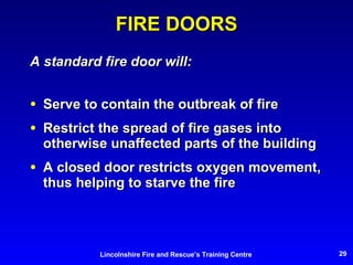 FIRE DOORS A standard fire door will: Serve to contain the outbreak of fire Restrict the spread of fire gases into otherwise unaffected parts of the building A closed door restricts oxygen movement, thus helping to starve the fire 