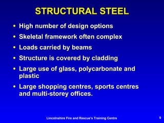STRUCTURAL STEEL High number of design options Skeletal framework often complex Loads carried by beams Structure is covered by cladding Large use of glass, polycarbonate and plastic Large shopping centres, sports centres and multi-storey offices. 