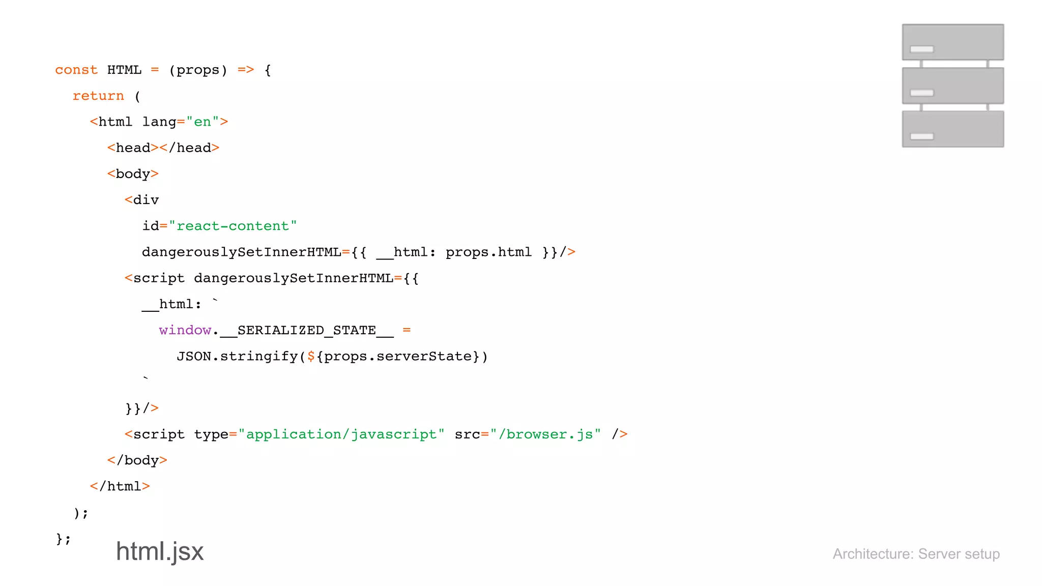 Architecture: Server setup
const HTML = (props) => { 
return ( 
<html lang="en"> 
<head></head> 
<body> 
<div 
id="react-content" 
dangerouslySetInnerHTML={{ __html: props.html }}/> 
<script dangerouslySetInnerHTML={{ 
__html: ` 
window.__SERIALIZED_STATE__ = 
JSON.stringify(${props.serverState}) 
` 
}}/> 
<script type="application/javascript" src="/browser.js" /> 
</body> 
</html> 
); 
};
html.jsx
 