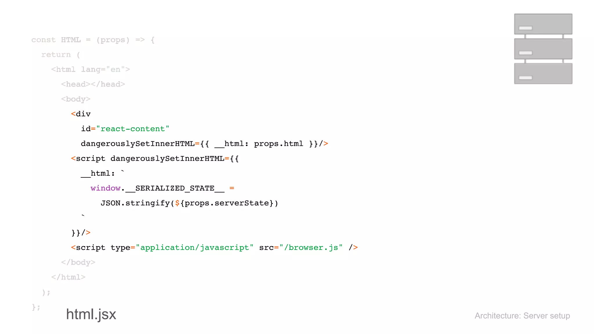 Architecture: Server setup
const HTML = (props) => { 
return ( 
<html lang="en"> 
<head></head> 
<body> 
<div 
id="react-content" 
dangerouslySetInnerHTML={{ __html: props.html }}/> 
<script dangerouslySetInnerHTML={{ 
__html: ` 
window.__SERIALIZED_STATE__ = 
JSON.stringify(${props.serverState}) 
` 
}}/> 
<script type="application/javascript" src="/browser.js" /> 
</body> 
</html> 
); 
};
const HTML = (props) => { 
return ( 
<html lang="en"> 
<head></head> 
<body> 
<div 
id="react-content" 
dangerouslySetInnerHTML={{ __html: props.html }}/> 
<script dangerouslySetInnerHTML={{ 
__html: ` 
window.__SERIALIZED_STATE__ = 
JSON.stringify(${props.serverState}) 
` 
}}/> 
<script type="application/javascript" src="/browser.js" /> 
</body> 
</html> 
); 
};
html.jsx
 