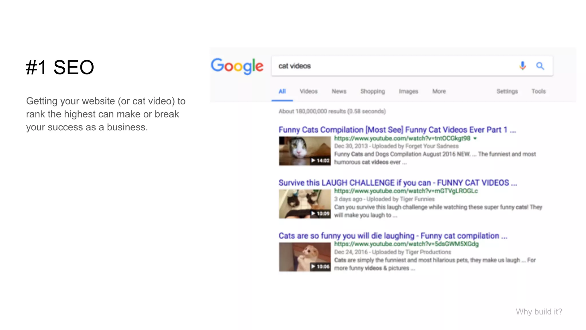 #1 SEO
Getting your website (or cat video) to
rank the highest can make or break
your success as a business.
Why build it?
 