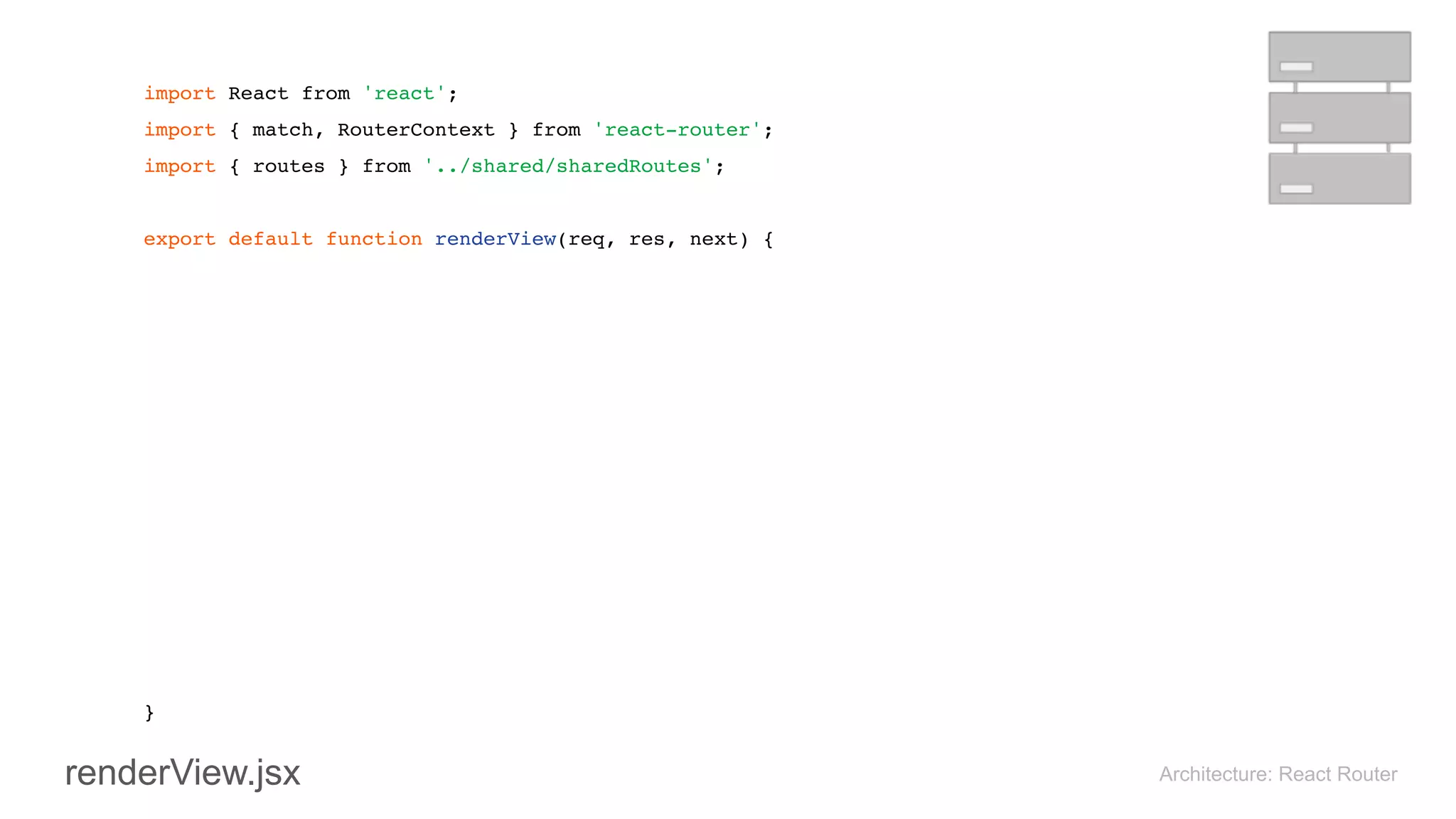 import React from 'react'; 
import { match, RouterContext } from 'react-router'; 
import { routes } from '../shared/sharedRoutes'; 
 
export default function renderView(req, res, next) { 
} 
Architecture: React RouterrenderView.jsx
 