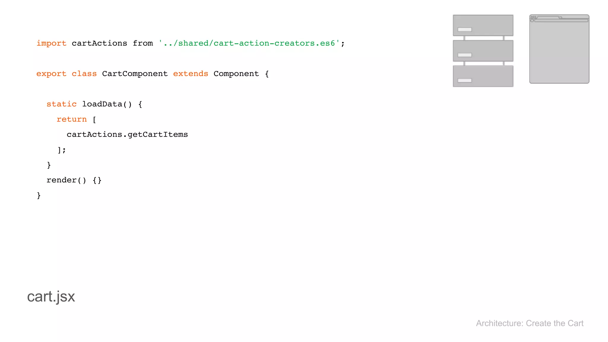  
import cartActions from '../shared/cart-action-creators.es6'; 
 
export class CartComponent extends Component { 
 
static loadData() { 
return [ 
cartActions.getCartItems 
]; 
} 
render() {} 
} 
Architecture: Create the Cart
cart.jsx
 