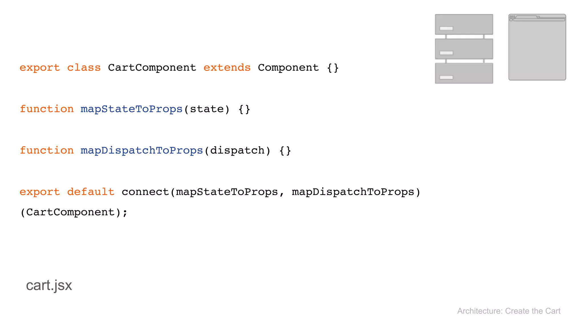  
 
export class CartComponent extends Component {}
 
function mapStateToProps(state) {} 
 
function mapDispatchToProps(dispatch) {} 
 
export default connect(mapStateToProps, mapDispatchToProps)
(CartComponent);
Architecture: Create the Cart
cart.jsx
 