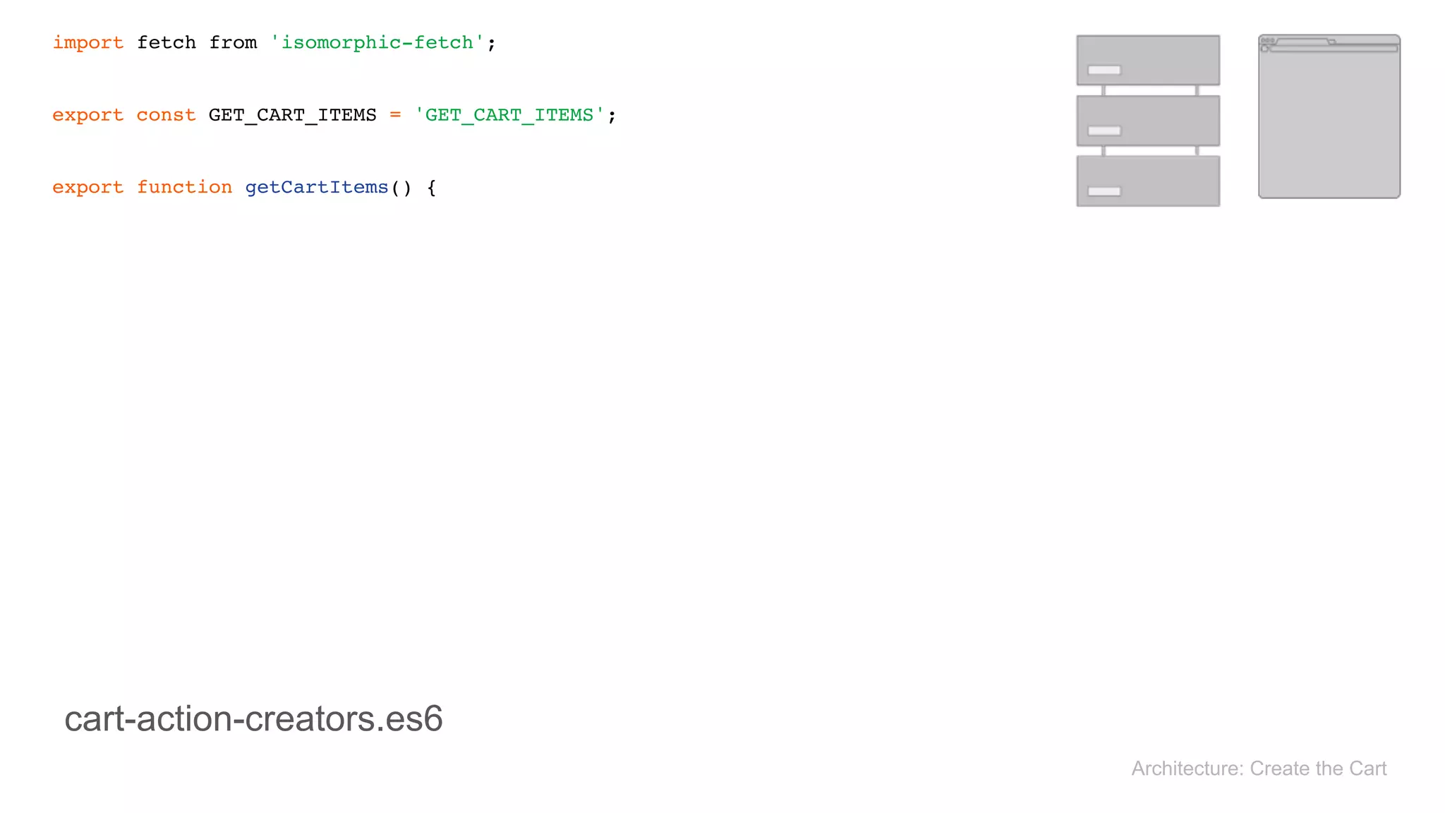 import fetch from 'isomorphic-fetch'; 
 
export const GET_CART_ITEMS = 'GET_CART_ITEMS'; 
 
export function getCartItems() {
Architecture: Create the Cart
cart-action-creators.es6
 