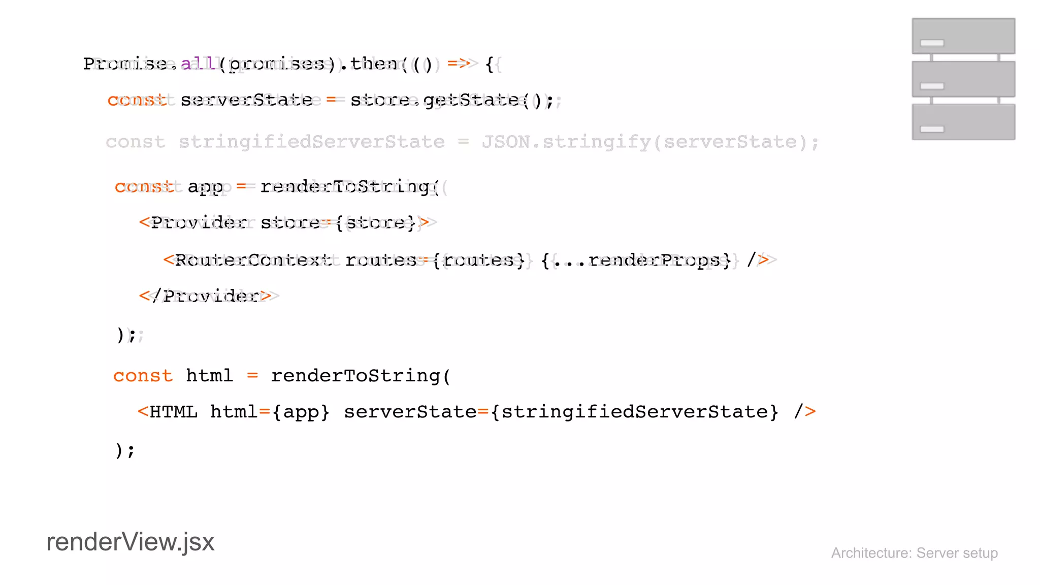 Architecture: Server setup
 
Promise.all(promises).then(() => { 
const serverState = store.getState(); 
 
const stringifiedServerState = JSON.stringify(serverState);
 
Promise.all(promises).then(() => { 
const serverState = store.getState(); 
 
 
const app = renderToString( 
<Provider store={store}> 
<RouterContext routes={routes} {...renderProps} /> 
</Provider> 
);
const stringifiedServerState = JSON.stringify(serverState);
 
const html = renderToString( 
<HTML html={app} serverState={stringifiedServerState} /> 
); 
 
 
const app = renderToString( 
<Provider store={store}> 
<RouterContext routes={routes} {...renderProps} /> 
</Provider> 
);
renderView.jsx
 