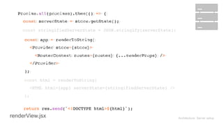 Architecture: Server setup
 
Promise.all(promises).then(() => { 
const serverState = store.getState(); 
 
const stringifiedServerState = JSON.stringify(serverState);
 
Promise.all(promises).then(() => { 
const serverState = store.getState(); 
 
 
const app = renderToString( 
<Provider store={store}> 
<RouterContext routes={routes} {...renderProps} /> 
</Provider> 
);
const stringifiedServerState = JSON.stringify(serverState);
 
const html = renderToString( 
<HTML html={app} serverState={stringifiedServerState} /> 
); 
 
return res.send(`<!DOCTYPE html>${html}`);
 
const app = renderToString( 
<Provider store={store}> 
<RouterContext routes={routes} {...renderProps} /> 
</Provider> 
); 
const html = renderToString( 
<HTML html={app} serverState={stringifiedServerState} /> 
); 
 
renderView.jsx
 