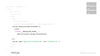 Architecture: Server setup
const HTML = (props) => { 
return ( 
<html lang="en"> 
<head></head> 
<body> 
<div 
id="react-content" 
dangerouslySetInnerHTML={{ __html: props.html }}/> 
<script dangerouslySetInnerHTML={{ 
__html: ` 
window.__SERIALIZED_STATE__ = 
JSON.stringify(${props.serverState}) 
` 
}}/> 
<script type="application/javascript" src="/browser.js" /> 
</body> 
</html> 
); 
};
const HTML = (props) => { 
return ( 
<html lang="en"> 
<head></head> 
<body> 
<div 
id="react-content" 
dangerouslySetInnerHTML={{ __html: props.html }}/> 
<script dangerouslySetInnerHTML={{ 
__html: ` 
window.__SERIALIZED_STATE__ = 
JSON.stringify(${props.serverState}) 
` 
}}/> 
<script type="application/javascript" src="/browser.js" /> 
</body> 
</html> 
); 
};
const HTML = (props) => { 
return ( 
<html lang="en"> 
<head></head> 
<body> 
<div 
id="react-content" 
dangerouslySetInnerHTML={{ __html: props.html }}/> 
<script dangerouslySetInnerHTML={{ 
__html: ` 
window.__SERIALIZED_STATE__ = 
JSON.stringify(${props.serverState}) 
` 
}}/> 
<script type="application/javascript" src="/browser.js" /> 
</body> 
</html> 
); 
};
html.jsx
 