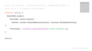  
const initialState = JSON.parse(window.__SERIALIZED_STATE__); 
const store = initRedux(initialState); 
Architecture: Browser setup
 
function init() { 
ReactDOM.render( 
<Provider store={store}> 
<Router routes={sharedRoutes(store)} history={browserHistory}
/> 
</Provider>, document.getElementById('react-content')); 
} 
 
init();
 
const initialState = JSON.parse(window.__SERIALIZED_STATE__); 
const store = initRedux(initialState); 
 