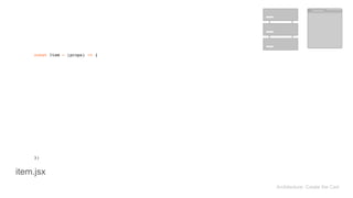 const Item = (props) => { 
}; 
Architecture: Create the Cart
item.jsx
 