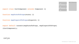  
 
export class CartComponent extends Component {}
 
function mapStateToProps(state) {} 
 
function mapDispatchToProps(dispatch) {} 
 
export default connect(mapStateToProps, mapDispatchToProps)
(CartComponent);
Architecture: Create the Cart
cart.jsx
 