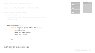 import fetch from 'isomorphic-fetch'; 
 
export const GET_CART_ITEMS = 'GET_CART_ITEMS'; 
 
export function getCartItems() { 
return (dispatch) => { 
return fetch('http://localhost:3000/api/user/cart', { 
method: 'GET' 
})
Architecture: Create the Cart
cart-action-creators.es6
.then((response) => { 
return response.json().then((data) => { 
return dispatch({ 
type: GET_CART_ITEMS, 
data: data.items 
}); 
}); 
})
 