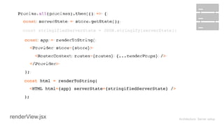 Architecture: Server setup
 
Promise.all(promises).then(() => { 
const serverState = store.getState(); 
 
const stringifiedServerState = JSON.stringify(serverState);
 
Promise.all(promises).then(() => { 
const serverState = store.getState(); 
 
 
const app = renderToString( 
<Provider store={store}> 
<RouterContext routes={routes} {...renderProps} /> 
</Provider> 
);
const stringifiedServerState = JSON.stringify(serverState);
 
const html = renderToString( 
<HTML html={app} serverState={stringifiedServerState} /> 
); 
 
 
const app = renderToString( 
<Provider store={store}> 
<RouterContext routes={routes} {...renderProps} /> 
</Provider> 
);
renderView.jsx
 