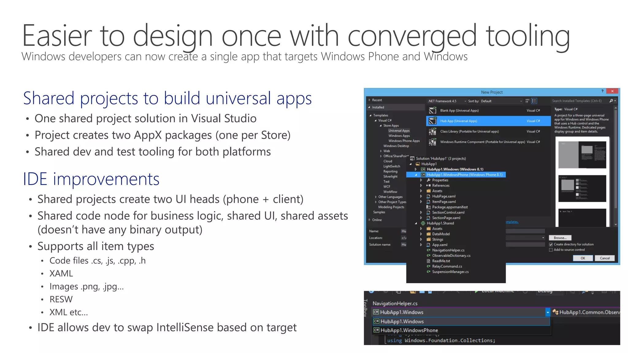 C#
#if WINDOWS_PHONE_APP
Windows.Phone.UI.Input.HardwareButtons.BackPressed +=
this.HardwareButtons_BackPressed;
#endif
C++
#if WINAPI_FAMILY==WINAPI_FAMILY_PHONE_APP
_backPressedEventToken = HardwareButtons::BackPressed +=
ref new EventHandler<BackPressedEventArgs^>(this,
&NavigationHelper::HardwareButton_BackPressed);
#endif
 