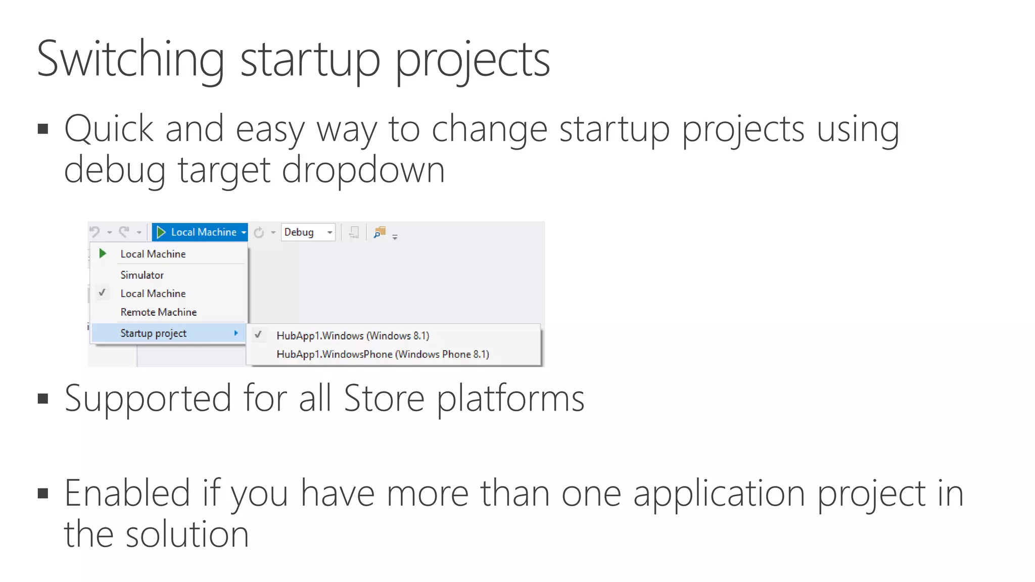 Portable
Class Libraries
I compile just once
and know it works
on all platforms
Shared
Projects
I can easily include
platform-specific code
under #if or partial
classes
New! Improved!
 