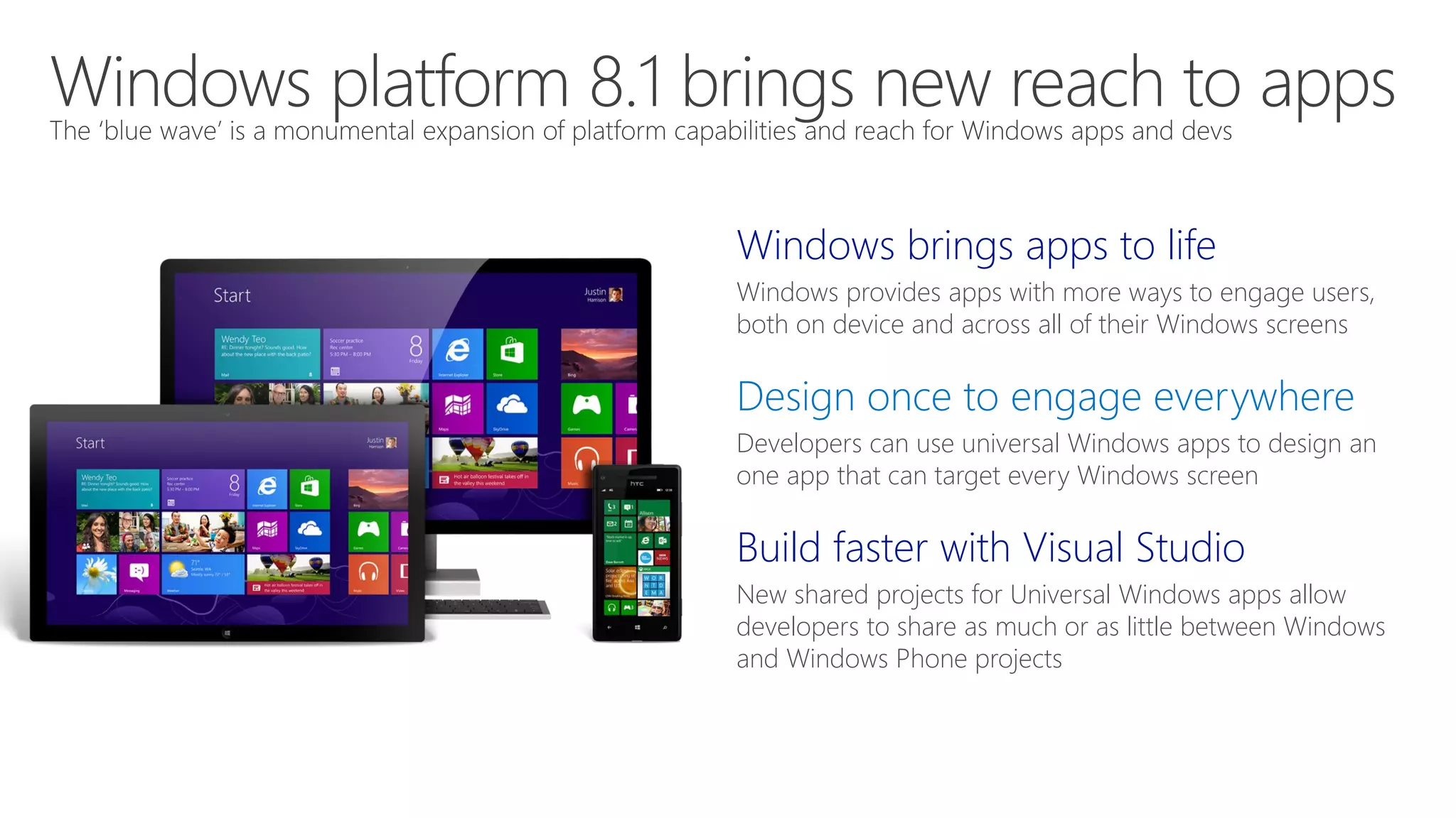 Windows brings apps to life
Windows provides apps with more ways to engage users,
both on device and across all of their Windows screens
Design once to engage everywhere
Developers can use universal Windows apps to design an
one app that can target every Windows screen
Build faster with Visual Studio
New shared projects for Universal Windows apps allow
developers to share as much or as little between Windows
and Windows Phone projects
 