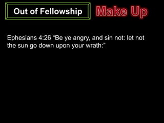Out of Fellowship


Ephesians 4:26 “Be ye angry, and sin not: let not
the sun go down upon your wrath:”
 