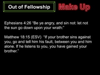 Out of Fellowship


Ephesians 4:26 “Be ye angry, and sin not: let not
the sun go down upon your wrath:”

Matthew 18:15 (ESV) “If your brother sins against
you, go and tell him his fault, between you and him
alone. If he listens to you, you have gained your
brother.”
 