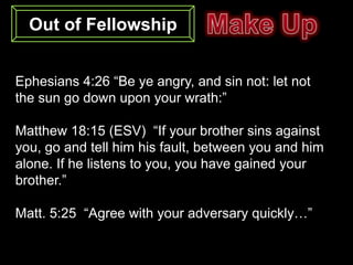 Out of Fellowship


Ephesians 4:26 “Be ye angry, and sin not: let not
the sun go down upon your wrath:”

Matthew 18:15 (ESV) “If your brother sins against
you, go and tell him his fault, between you and him
alone. If he listens to you, you have gained your
brother.”

Matt. 5:25 “Agree with your adversary quickly…”
 