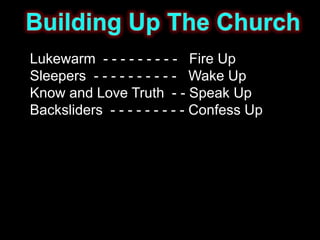 Lukewarm - - - - - - - - - Fire Up
Sleepers - - - - - - - - - - Wake Up
Know and Love Truth - - Speak Up
Backsliders - - - - - - - - - Confess Up
 