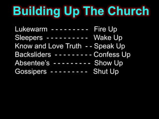 Lukewarm - - - - - - - - - Fire Up
Sleepers - - - - - - - - - - Wake Up
Know and Love Truth - - Speak Up
Backsliders - - - - - - - - - Confess Up
Absentee’s - - - - - - - - - Show Up
Gossipers - - - - - - - - - Shut Up
 