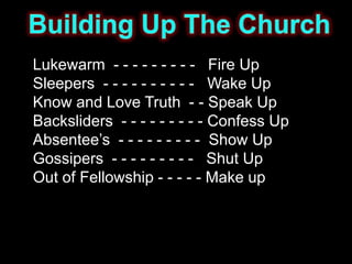 Lukewarm - - - - - - - - - Fire Up
Sleepers - - - - - - - - - - Wake Up
Know and Love Truth - - Speak Up
Backsliders - - - - - - - - - Confess Up
Absentee’s - - - - - - - - - Show Up
Gossipers - - - - - - - - - Shut Up
Out of Fellowship - - - - - Make up
 