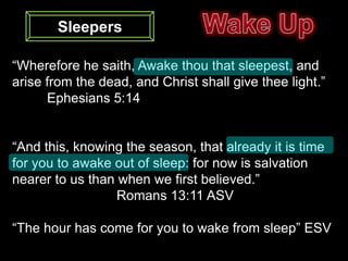 Sleepers

“Wherefore he saith, Awake thou that sleepest, and
arise from the dead, and Christ shall give thee light.”
      Ephesians 5:14


“And this, knowing the season, that already it is time
for you to awake out of sleep: for now is salvation
nearer to us than when we first believed.”
                  Romans 13:11 ASV

“The hour has come for you to wake from sleep” ESV
 