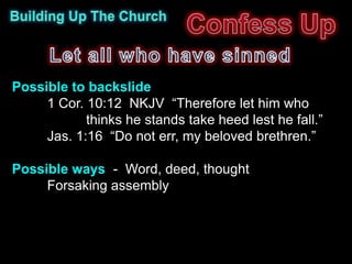 Possible to backslide
     1 Cor. 10:12 NKJV “Therefore let him who
            thinks he stands take heed lest he fall.”
     Jas. 1:16 “Do not err, my beloved brethren.”

Possible ways - Word, deed, thought
     Forsaking assembly
 